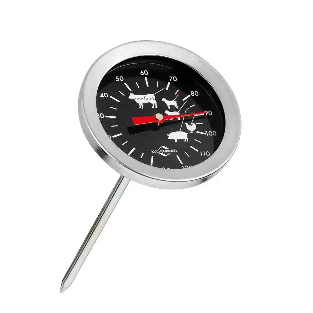 Thermometer with a black dial and silver casing on a white background