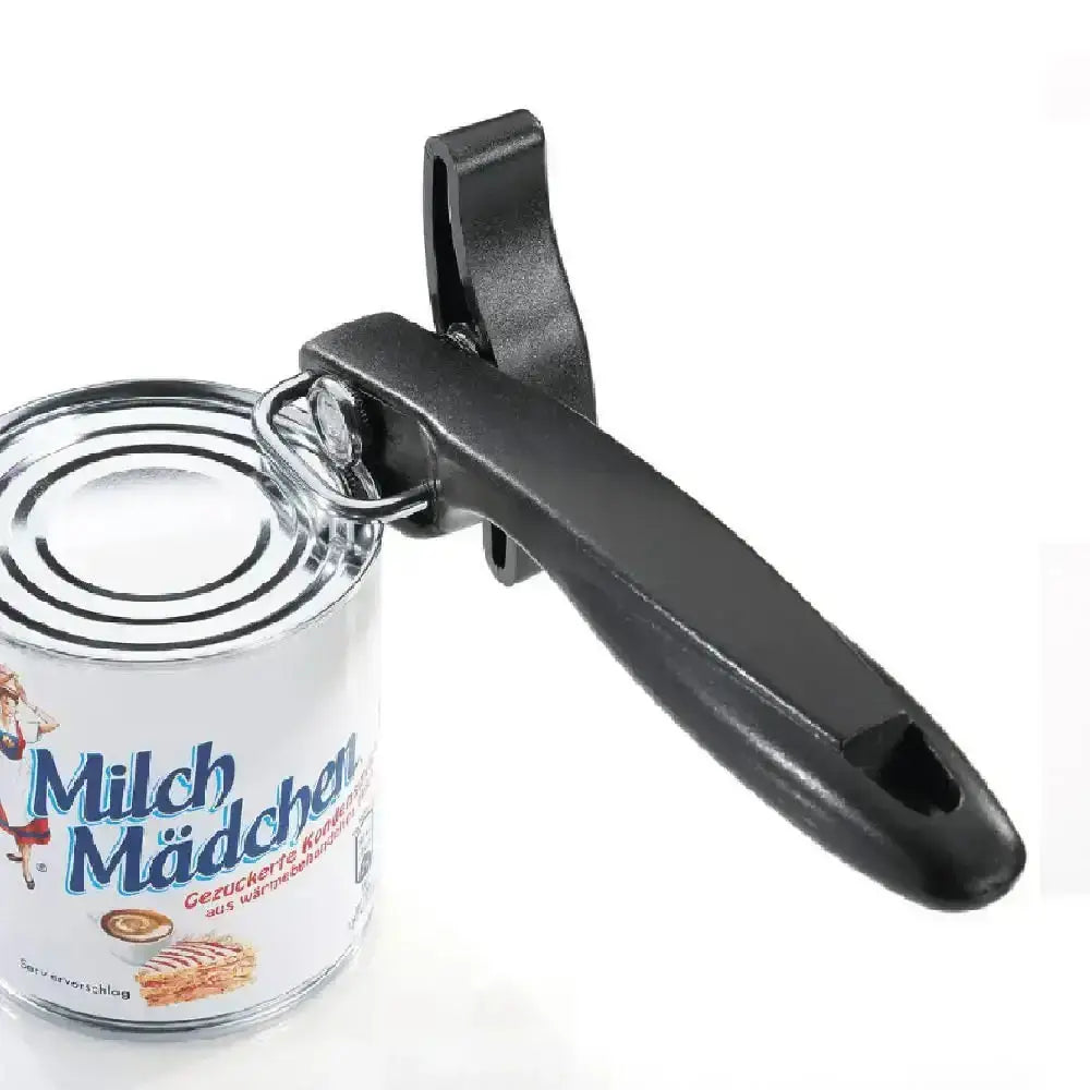 Can opener being used on a can labeled 'Milch Mädchen' against a white background