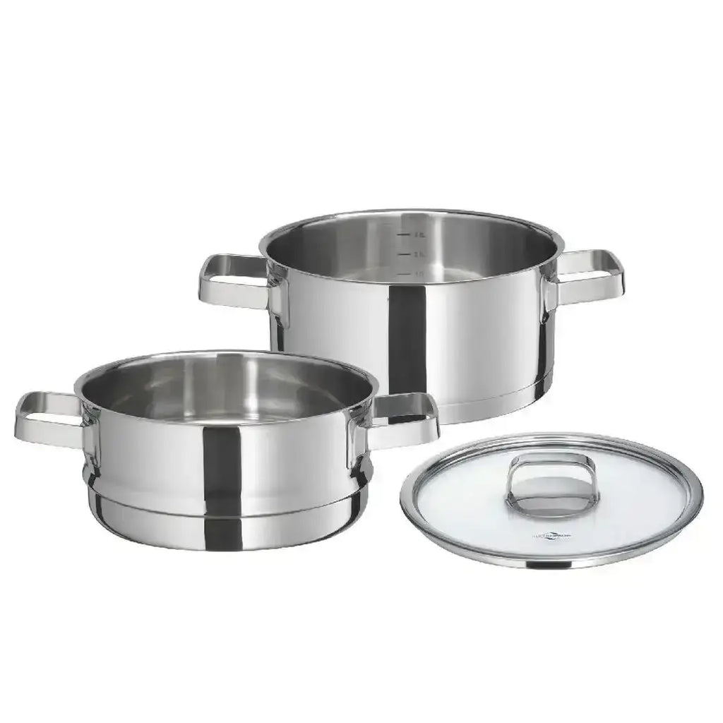 Set of stainless steel cookware including pots and a lid on a white background