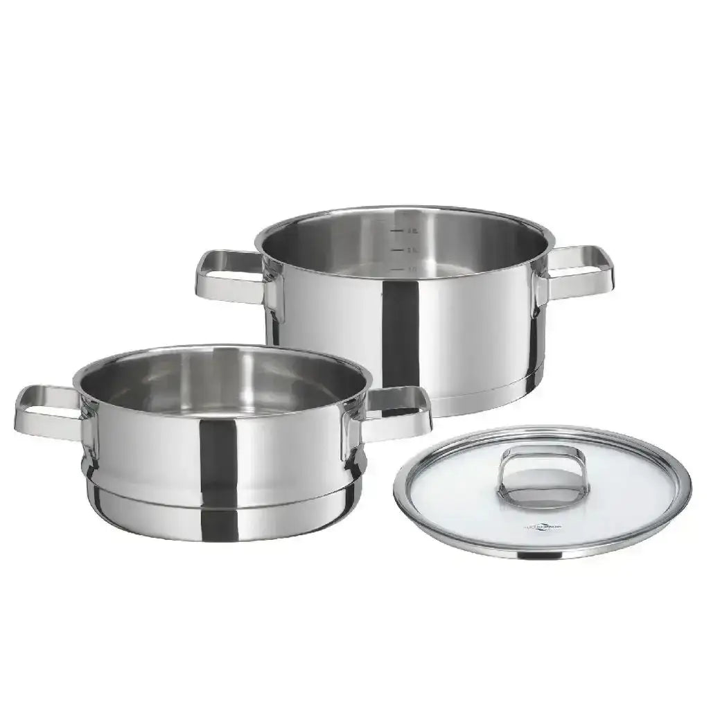Set of stainless steel cookware including pots and a lid on a white background