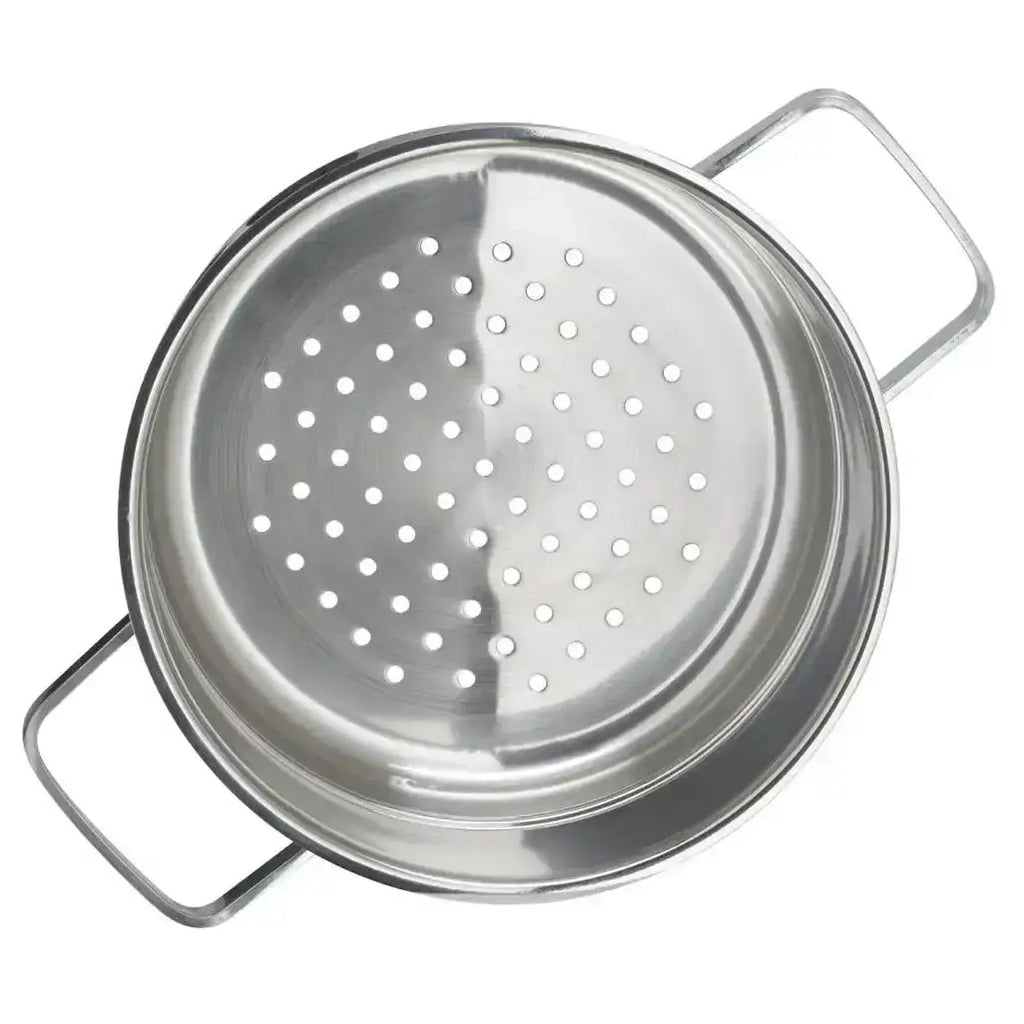 Stainless steel steamer basket with handles on a white background