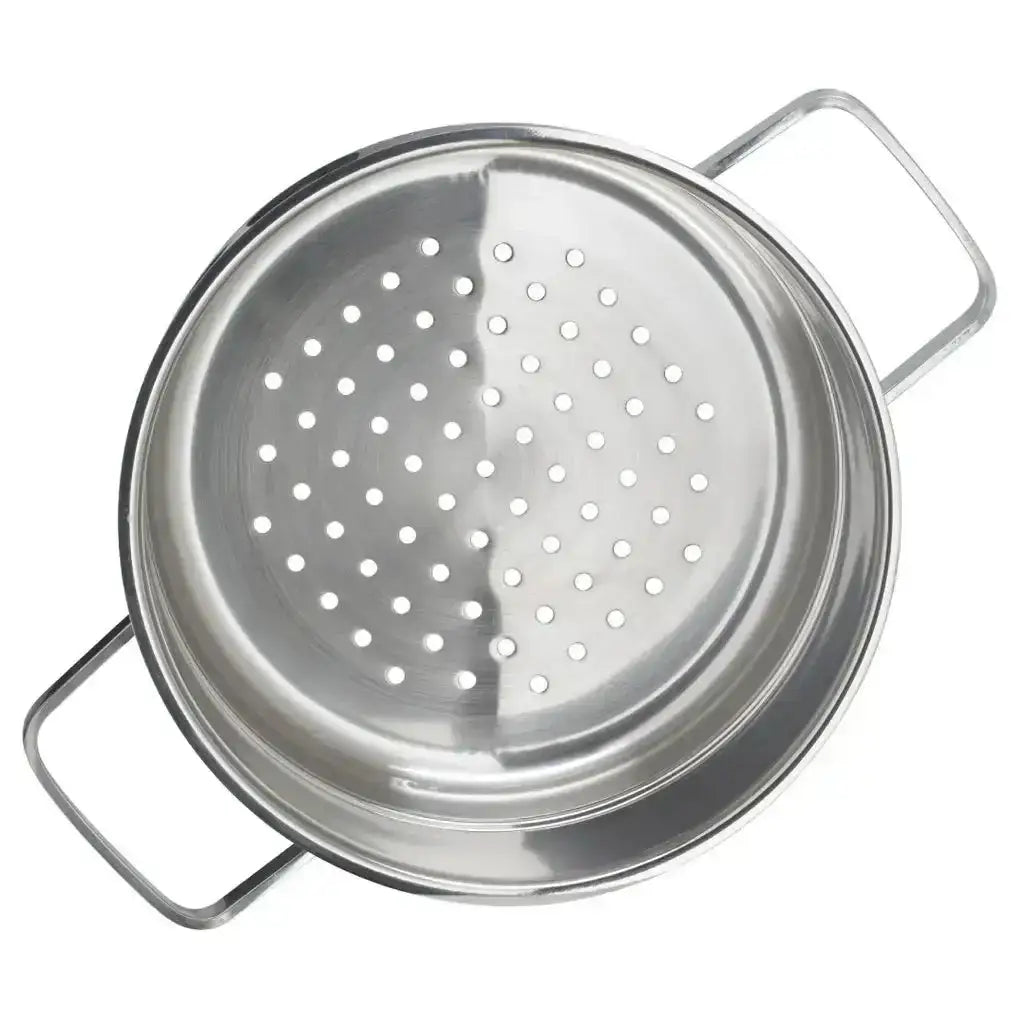 Stainless steel steamer basket with handles on a white background