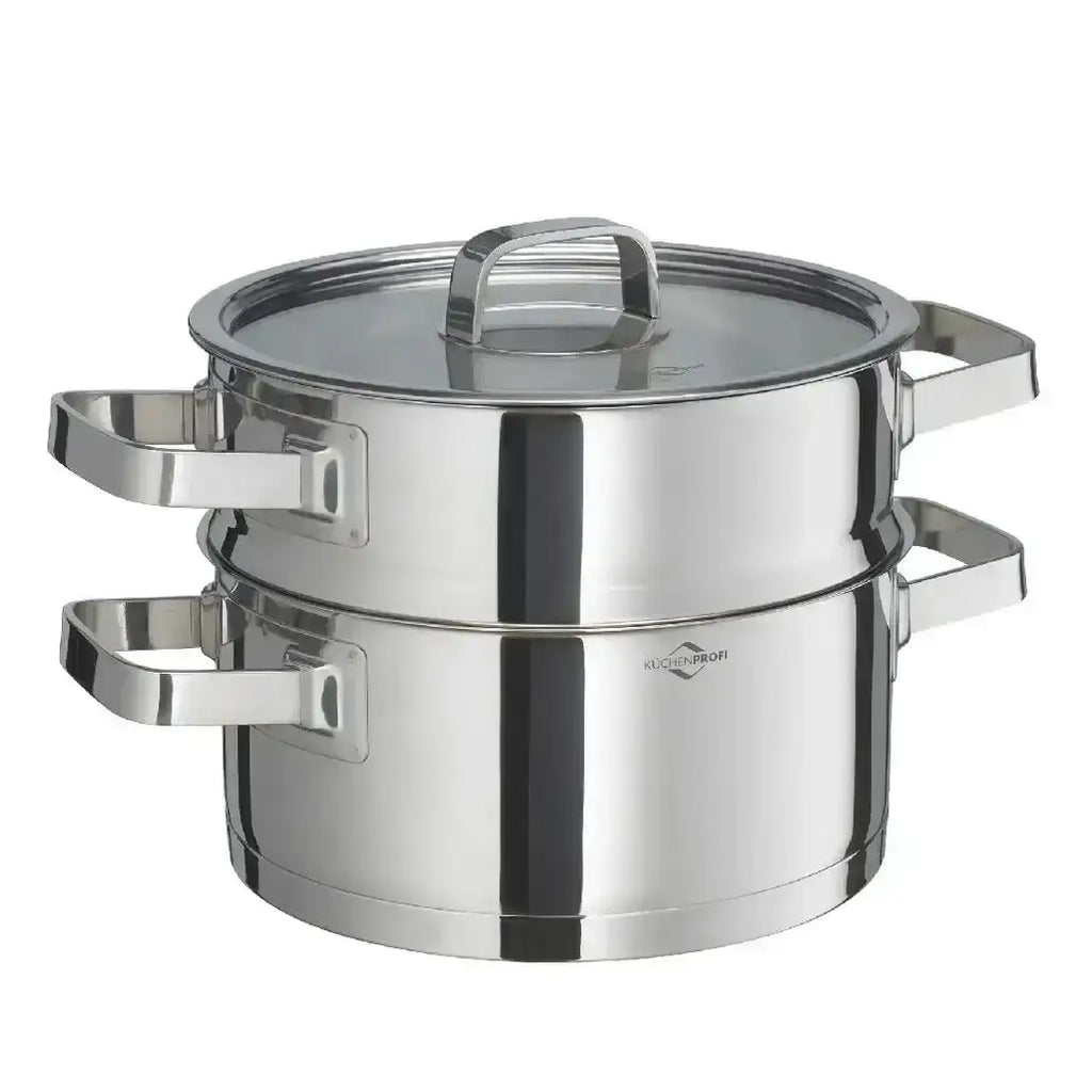 Stainless steel steamer pot with glass lid on a white background