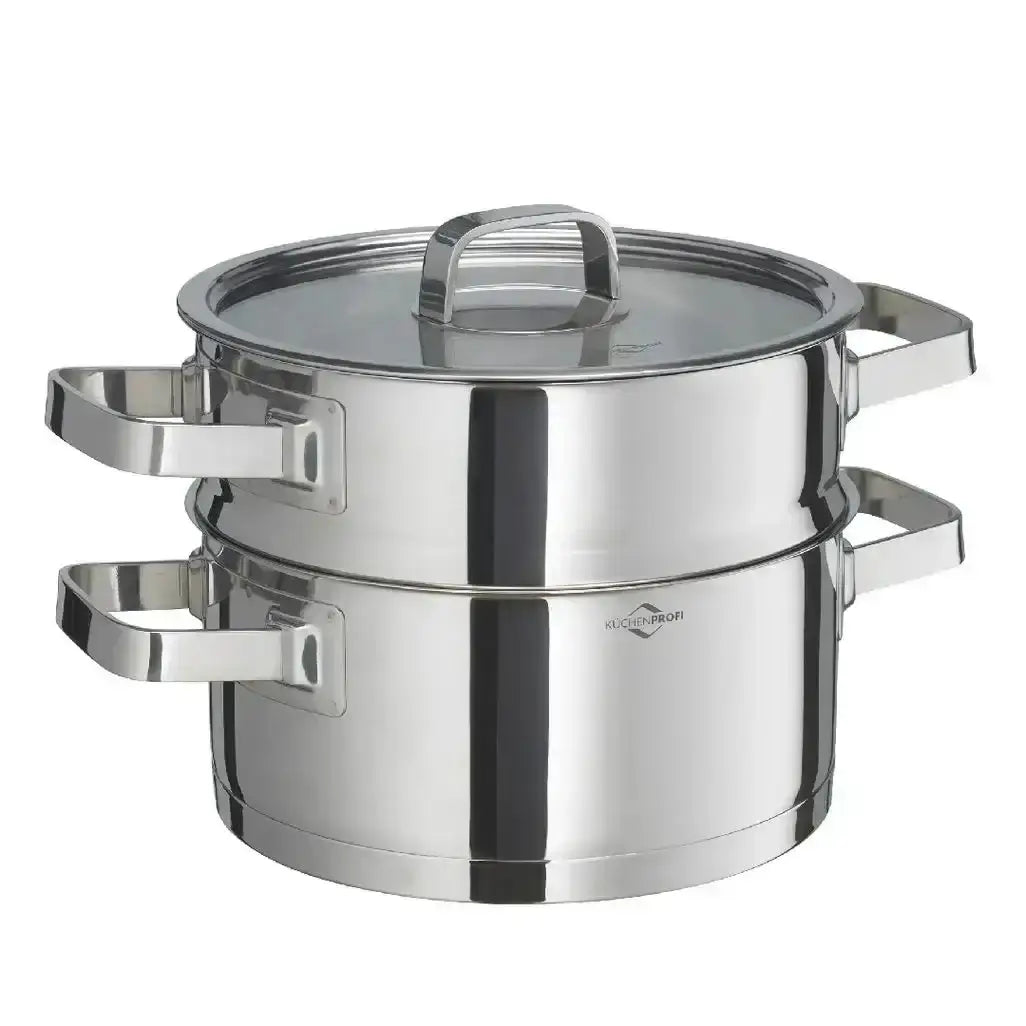 Stainless steel steamer pot with glass lid on a white background