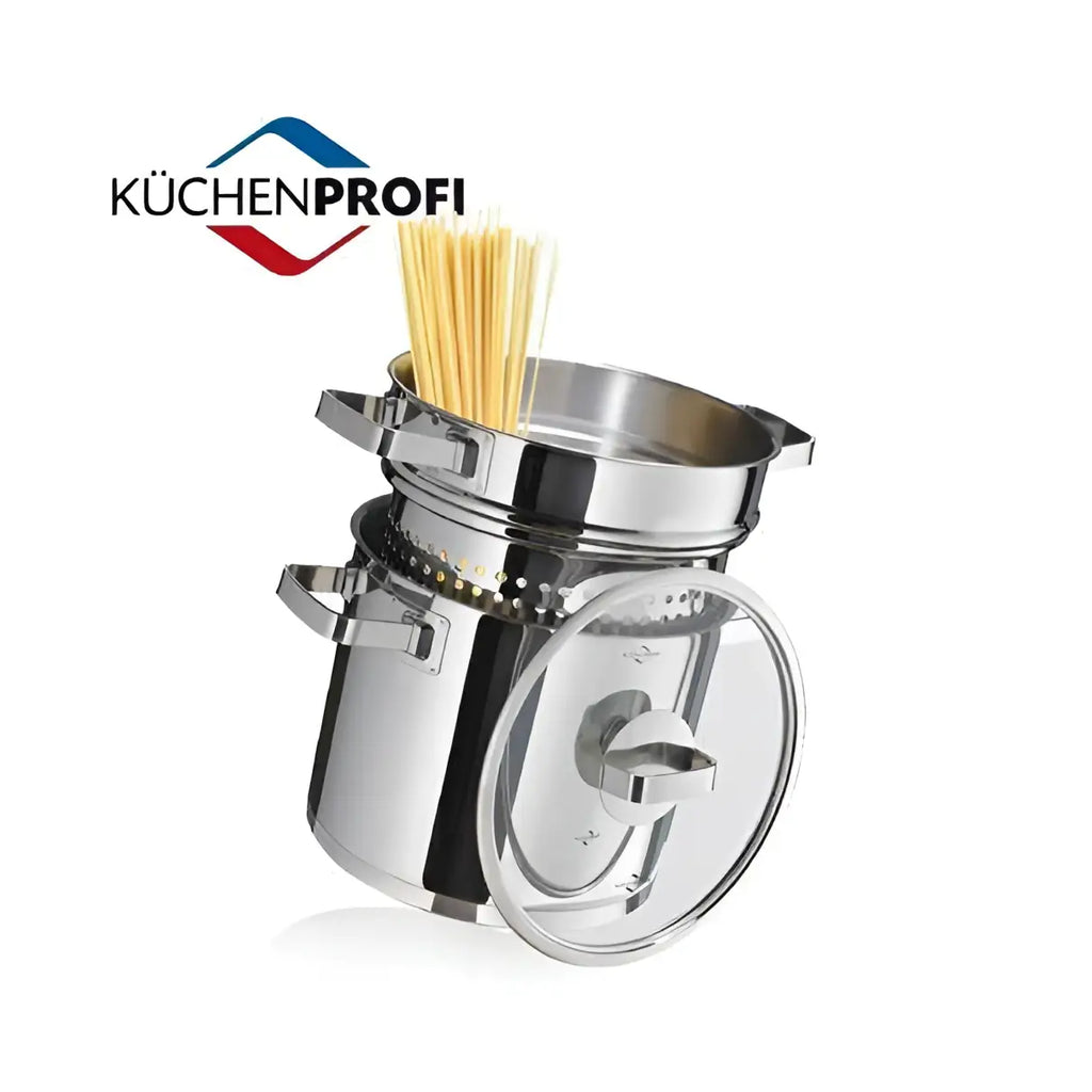 Küchenprofi pasta maker and steamer insertwith a clear lid on a white background