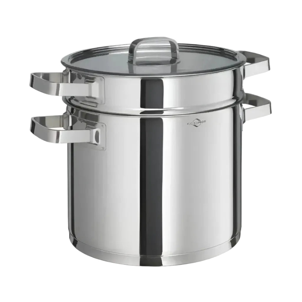 Stainless steel steamer pot with glass lid on a white background