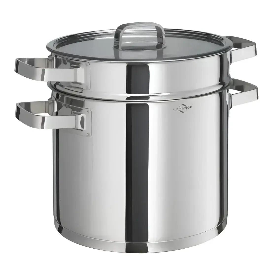 Stainless steel steamer pot with glass lid on a white background