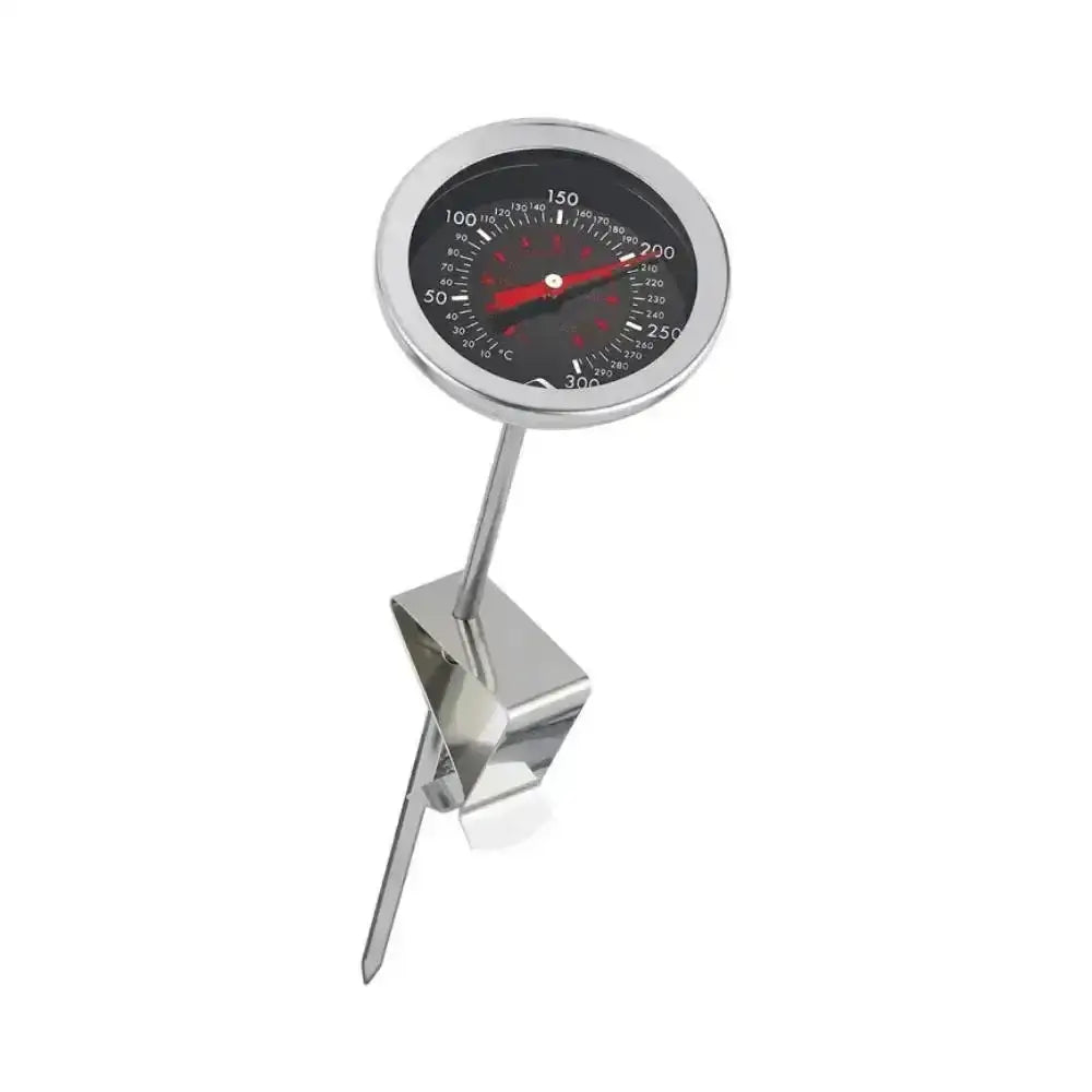 Thermometer with a metallic stand on a white background