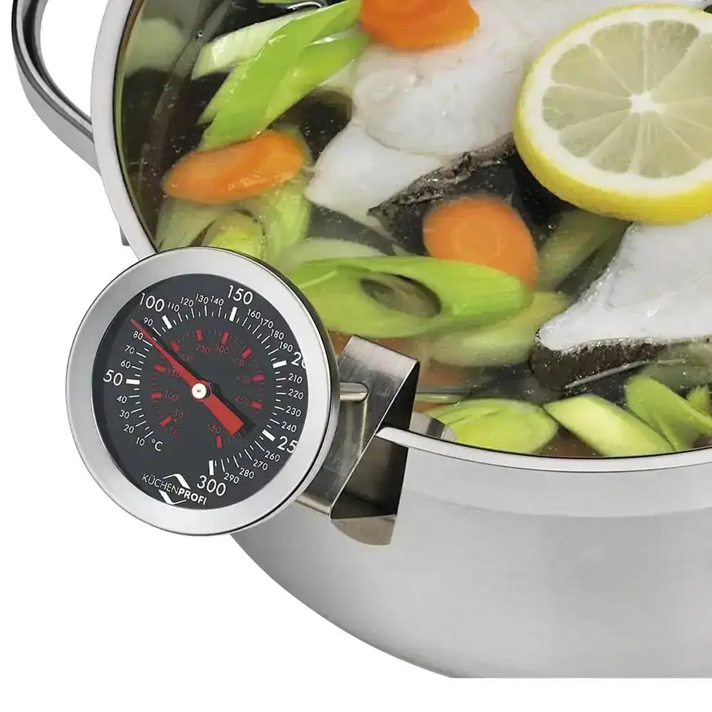 Thermometer in a pot with vegetables and fish