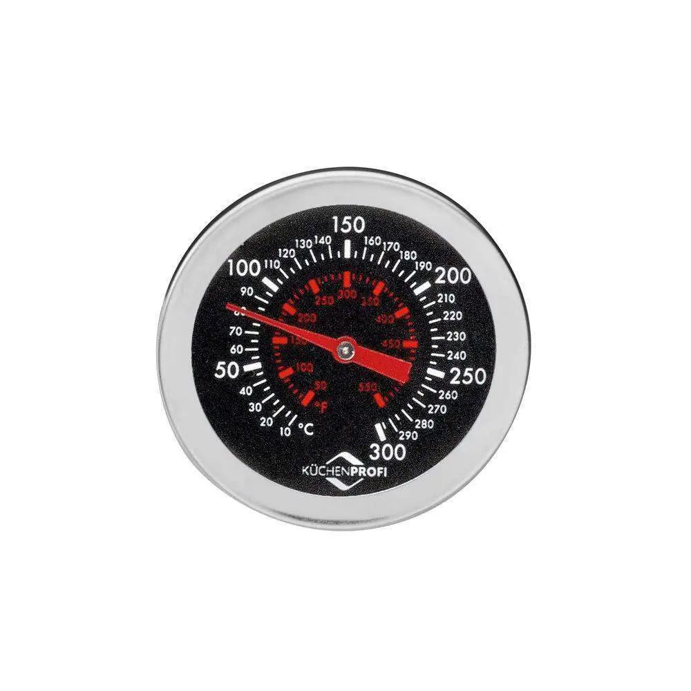 Temperature gauge with black face and red needle on a white background