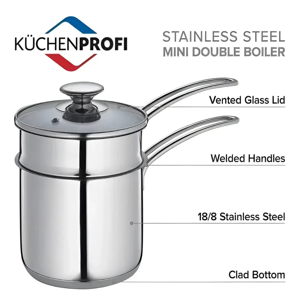 Stainless steel mini double boiler with features highlighted on a white background