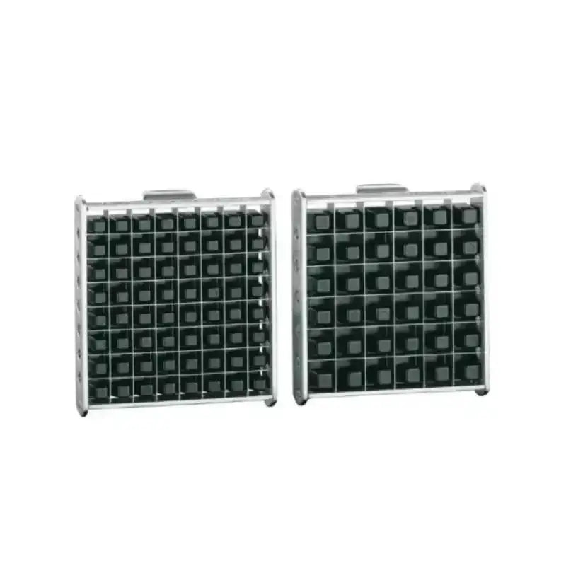 Two metallic cases with grid patterns on a white background