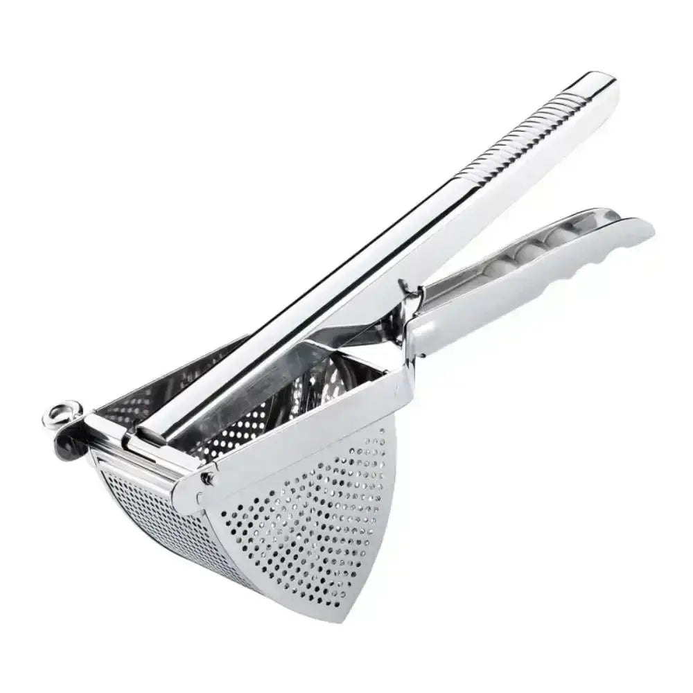 Metallic garlic press on a white background