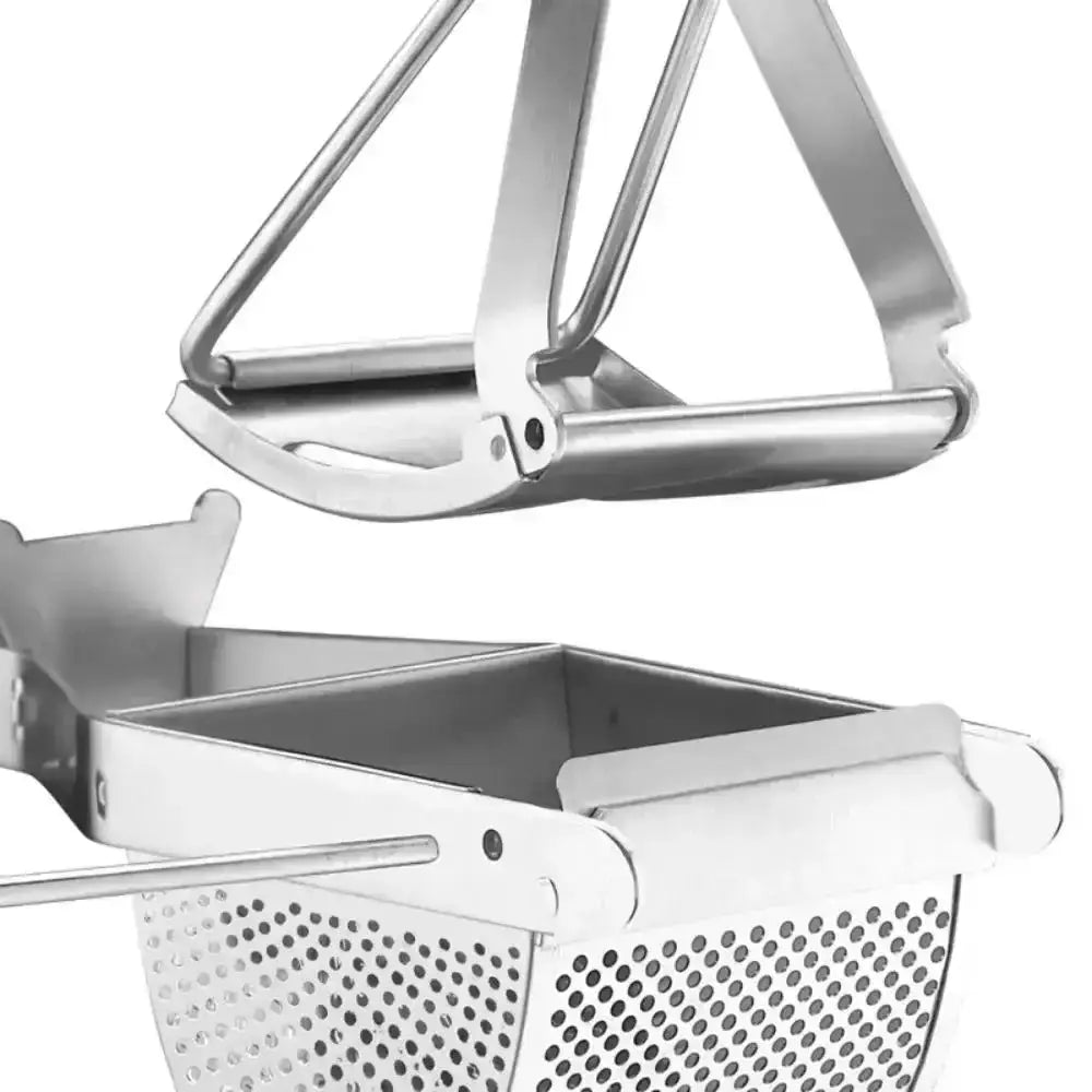 Metallic kitchen tool with perforated basket and handle on a white background