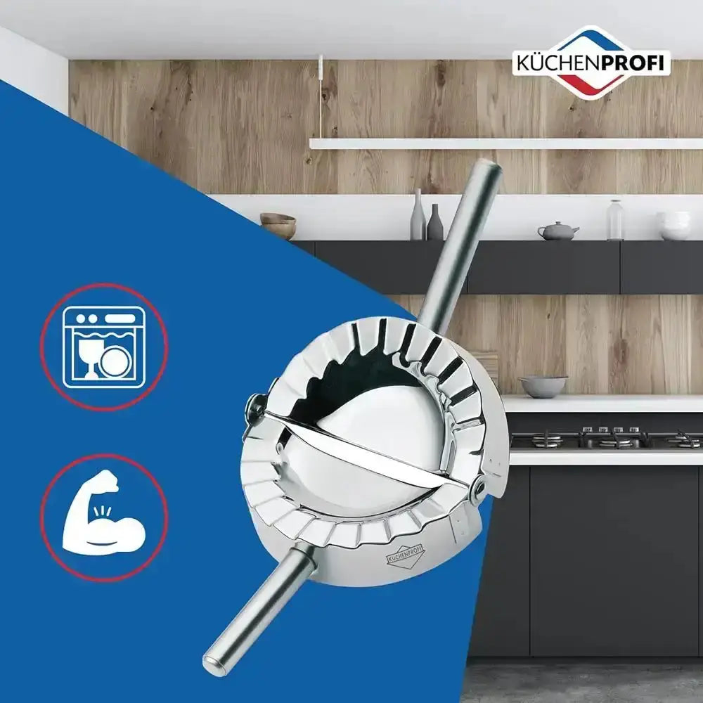 Metallic ravioli stamp with icons on a blue background, kitchen setting in the background