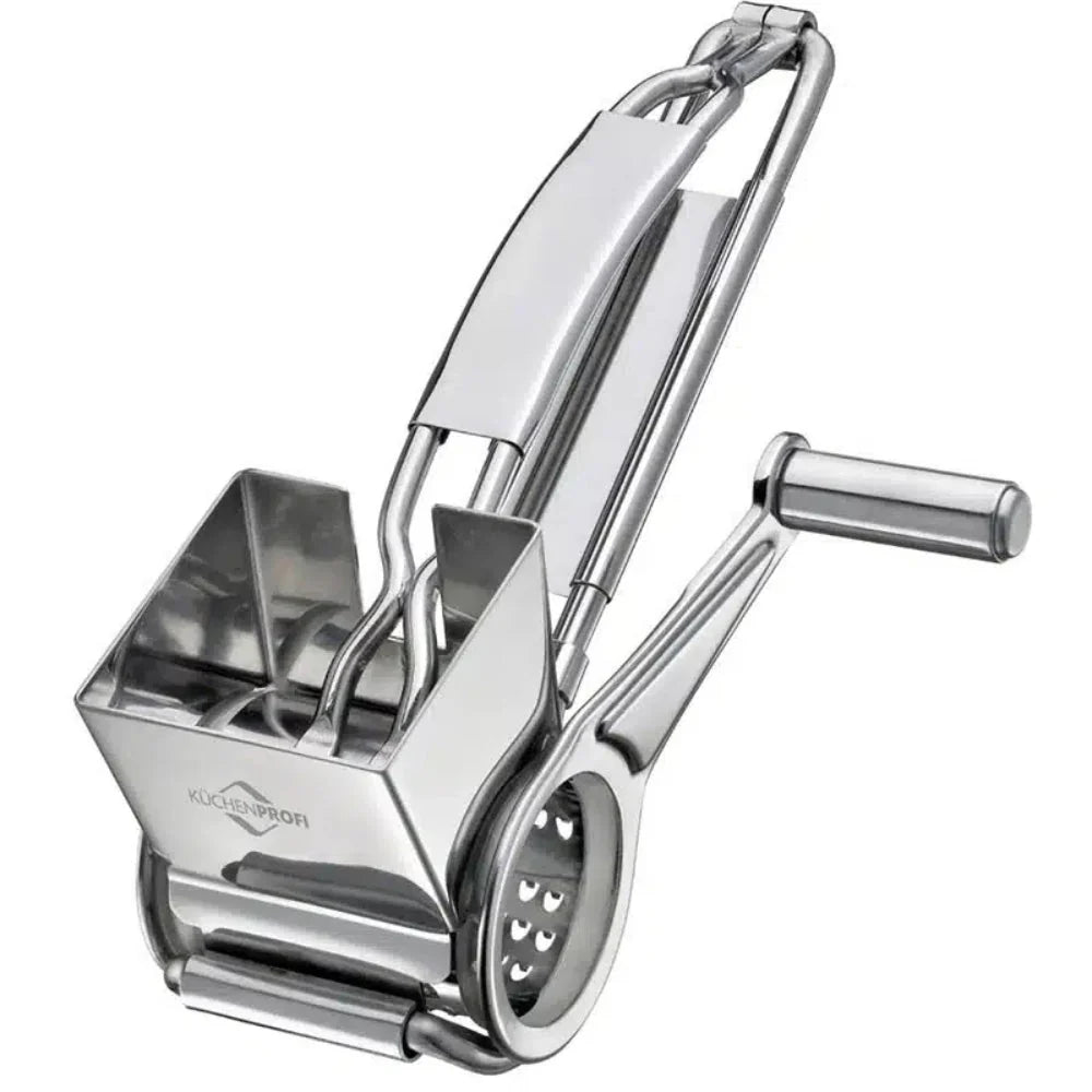 Stainless steel rotary cheese grater on a white background