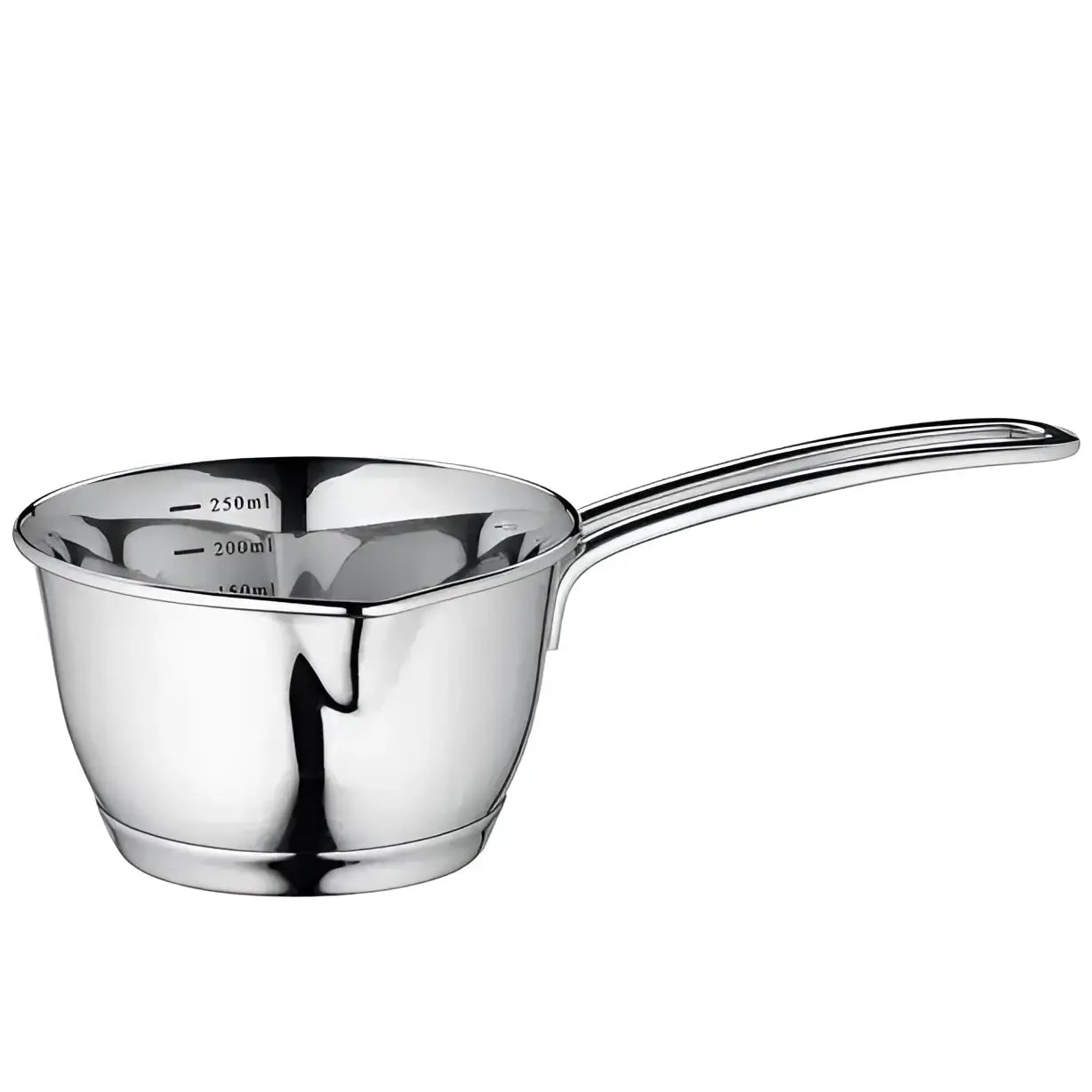 Stainless steel measuring cup on a white background