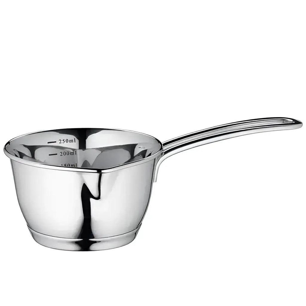 Stainless steel sauce pan with meausrements on a white background