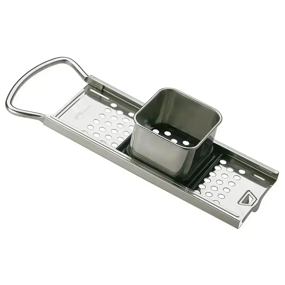 Stainless steel kitchen tool with a square basket and perforated tray on a white background