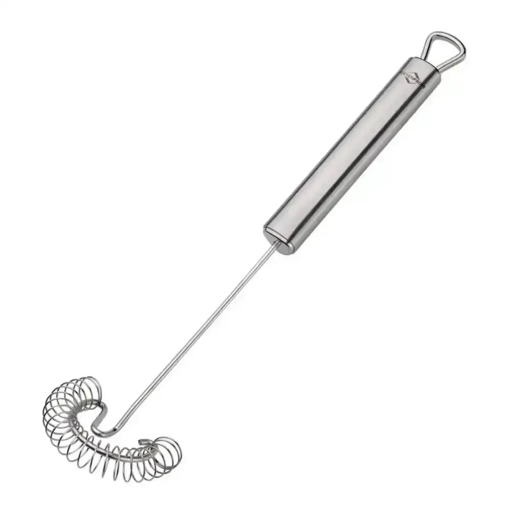 Metallic whisk with coiled handle on a white background