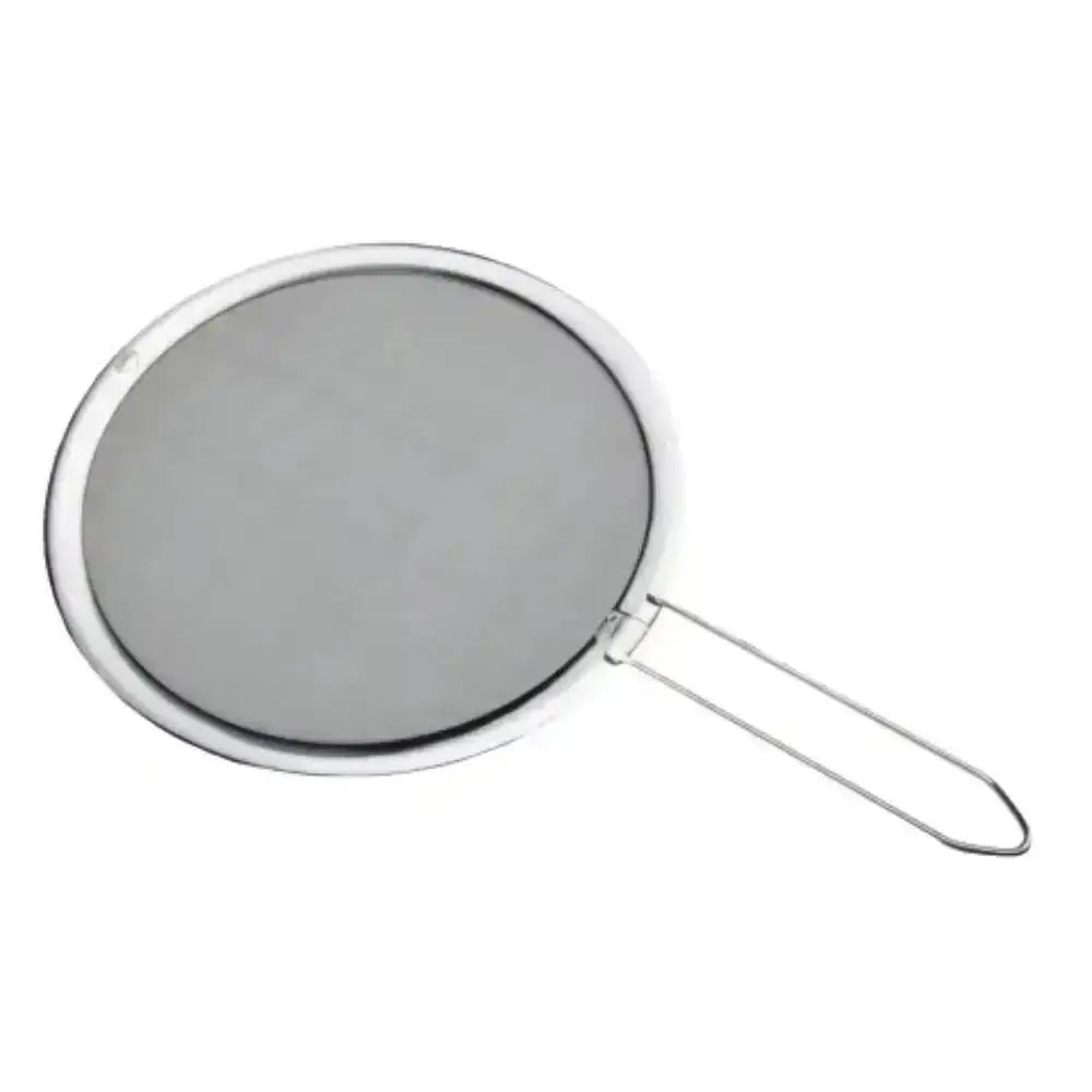 Metallic round splatter screen with a handle on a white background
