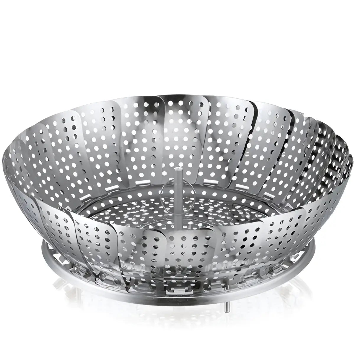 Metal steamer basket with perforated design on a white background