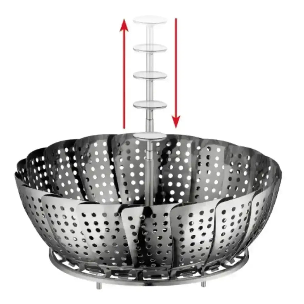 Stainless steel steamer basket with perforations on a white background