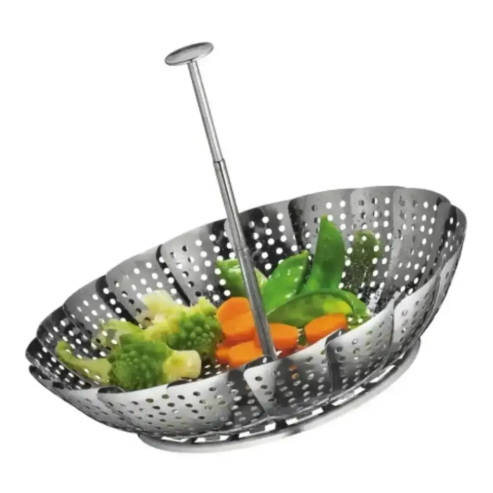 Stainless steel colander with vegetables on a white background