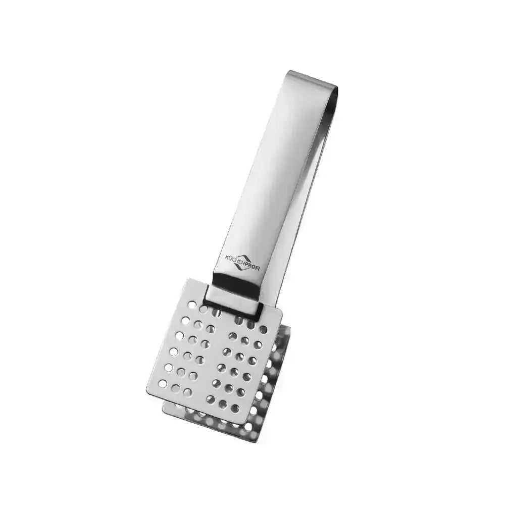 Metallic kitchen tool with a handle on a white background