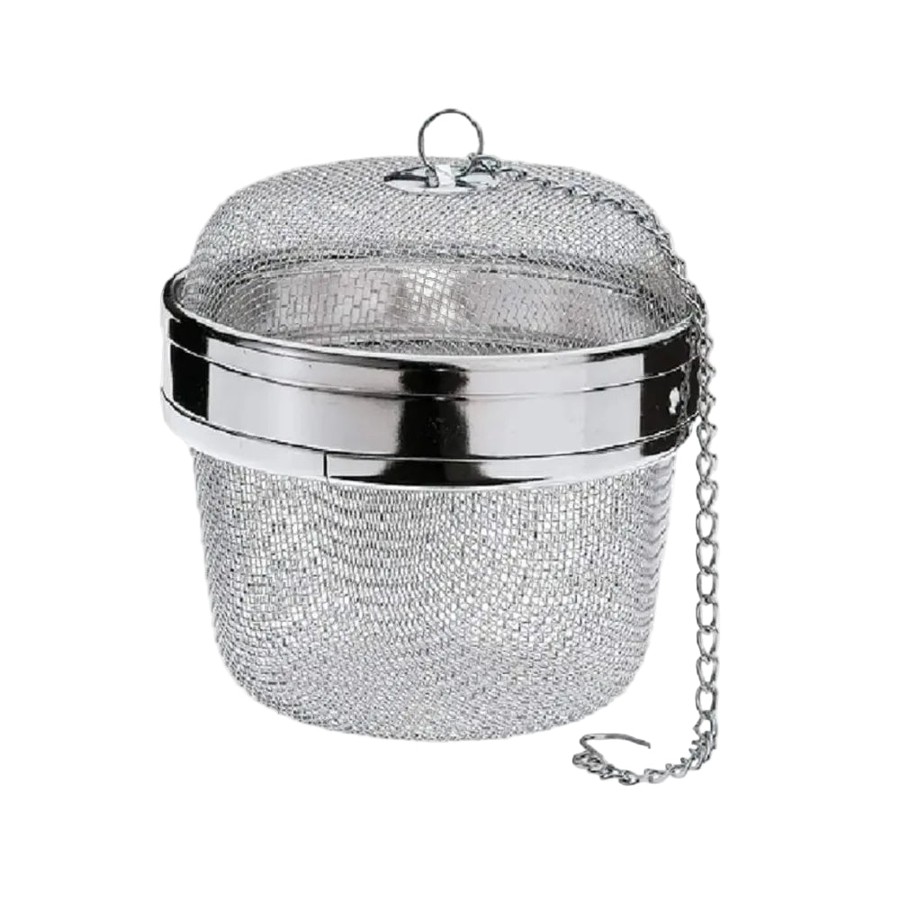 Silver mesh tea ball with chain on a white background