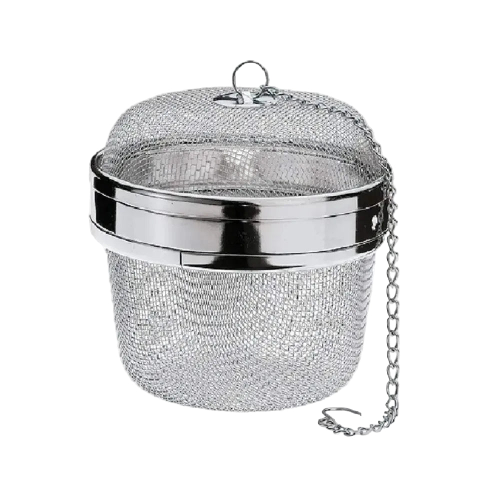 Silver mesh tea ball with chain on a white background