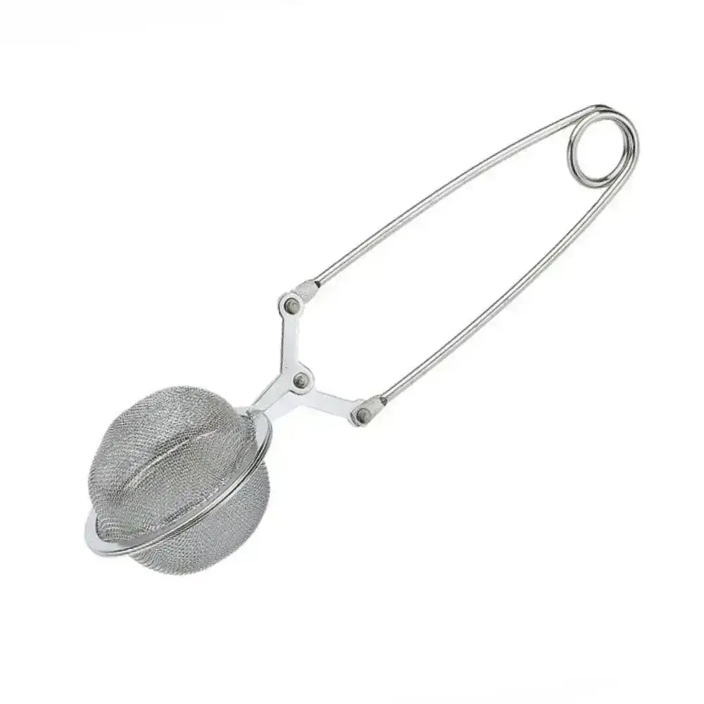 Metal tea ball with a long handle on a white background