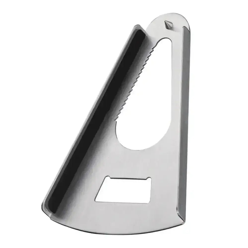 Stainless steel bottle opener on a white background