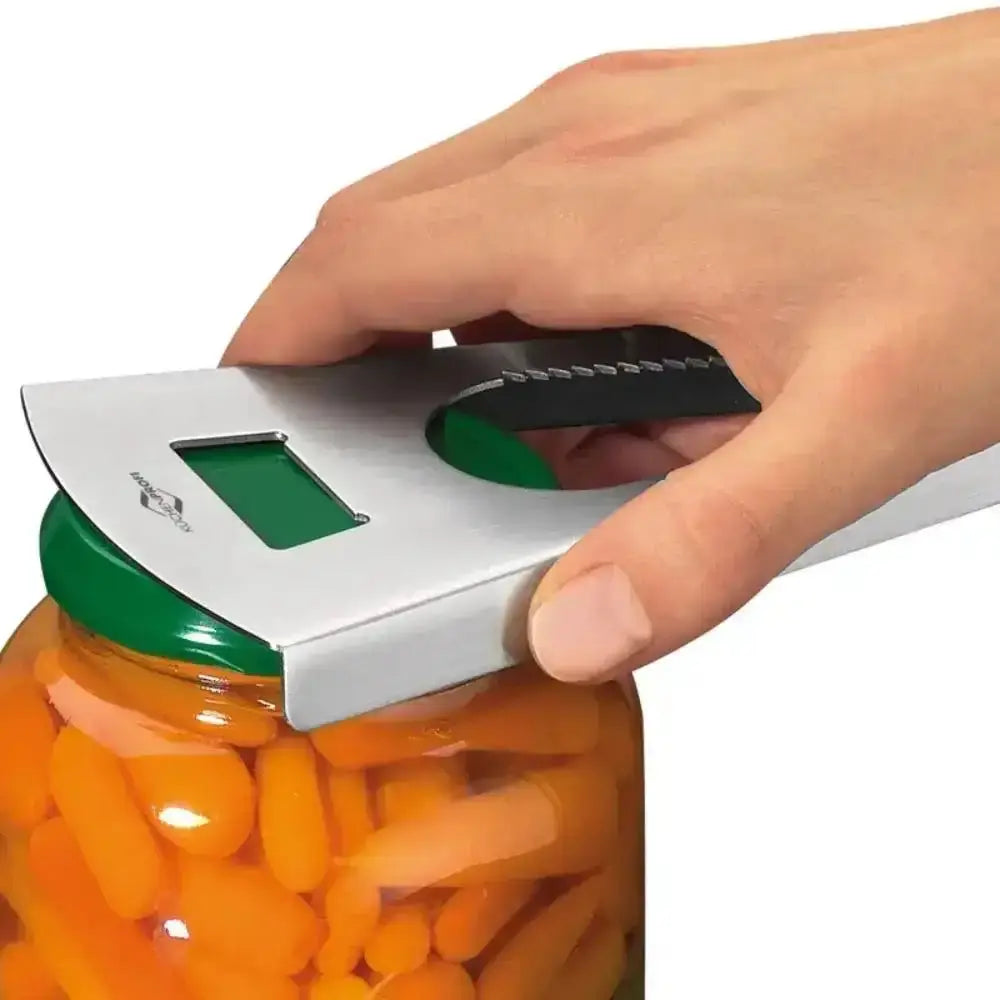 Hand using a digital jar opener on a jar of carrots with a white background
