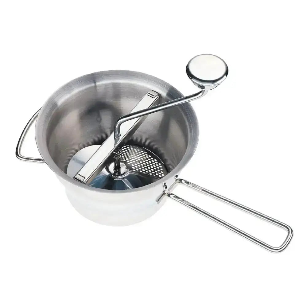 Stainless steel strainer with handle on a white background