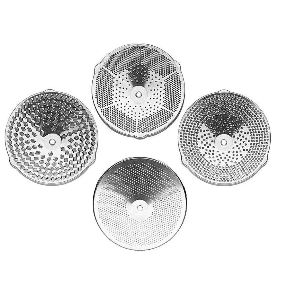 Four metallic strainers with honeycomb patterns on a white background