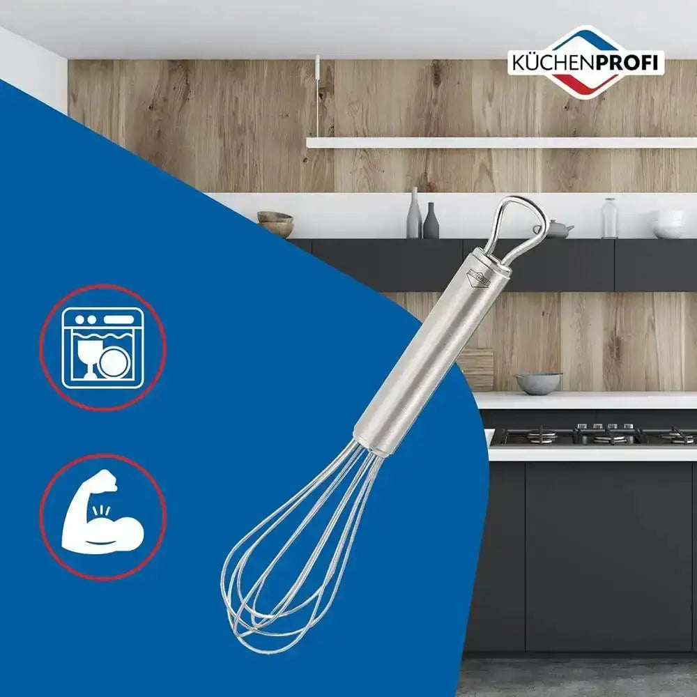 Metallic whisk with kitchen background and KüchenProfi logo