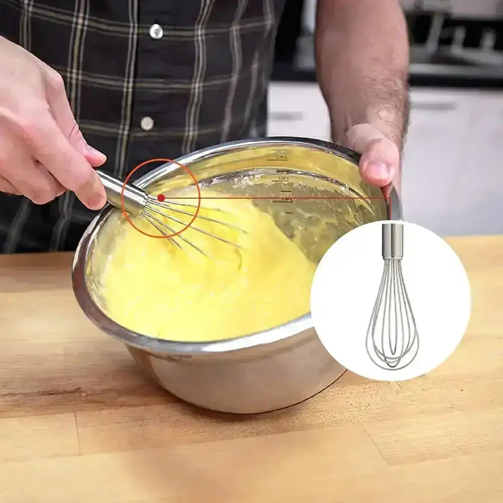 Person whisking yellow mixture in a metal bowl with a close-up of the whisk.