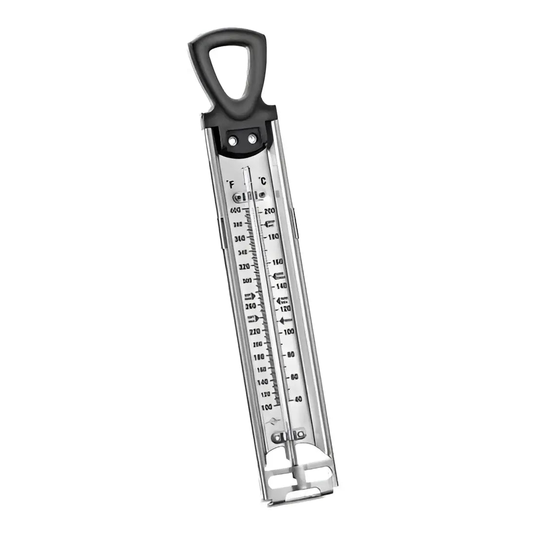 Thermometer with a black handle on a white background
