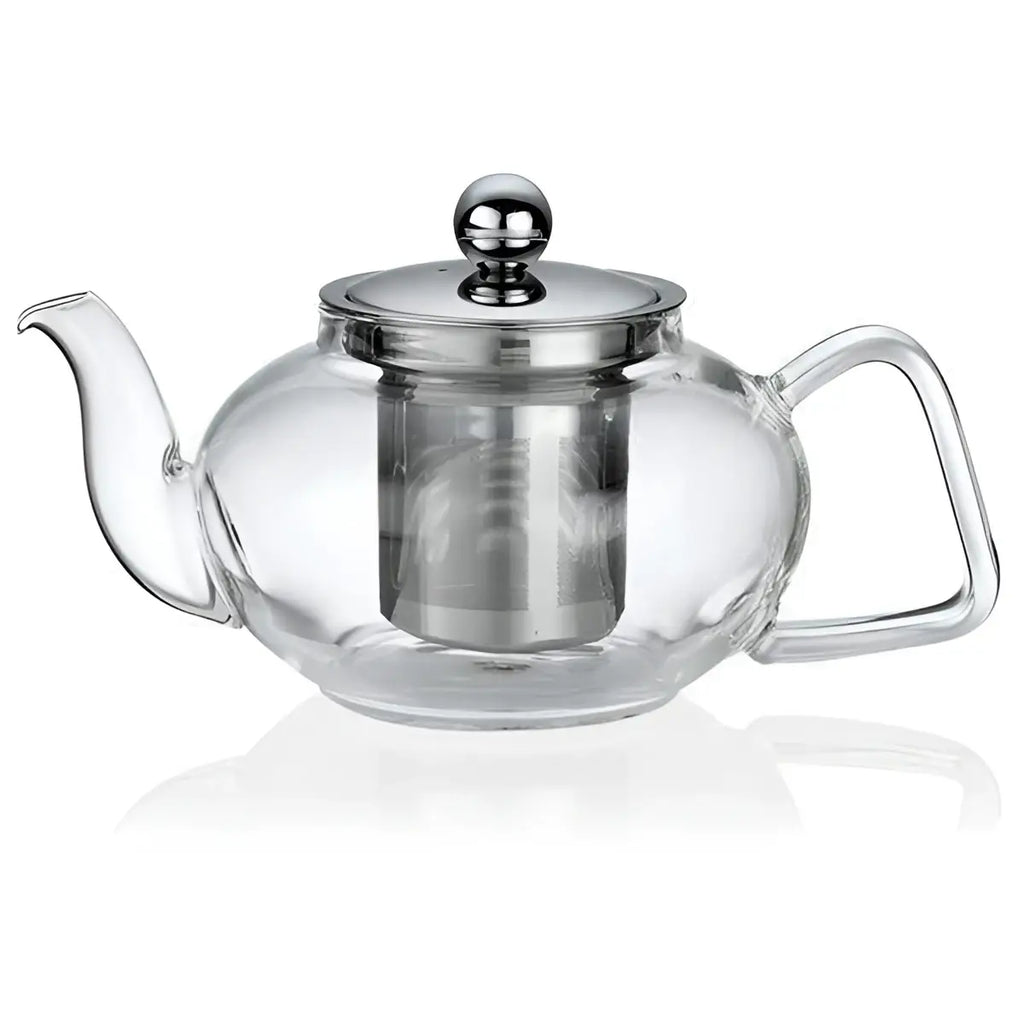 Clear glass teapot with metal infuser and lid on a white background