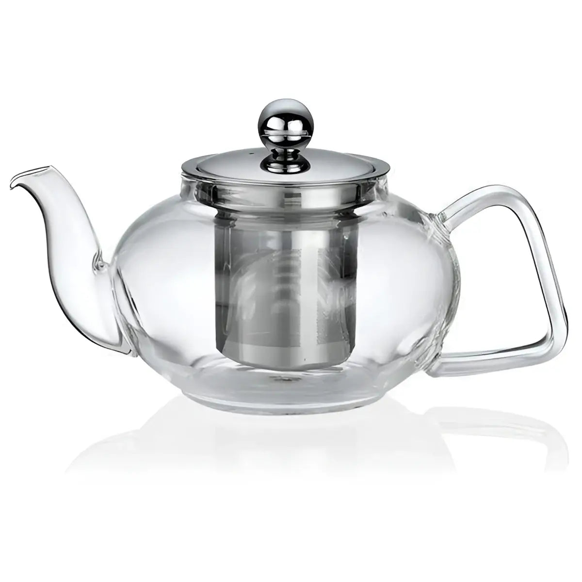 Clear glass teapot with metal infuser and lid on a white background