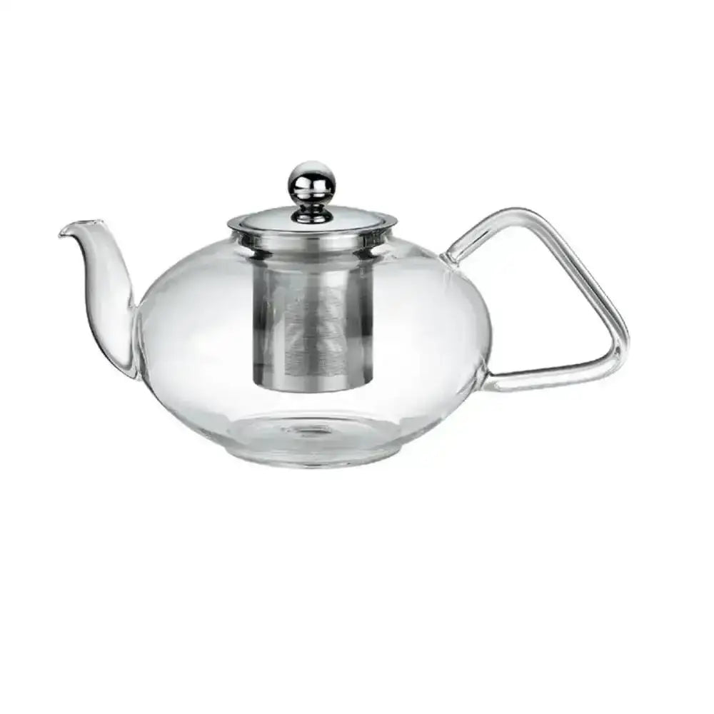 Clear glass teapot with silver lid and handle on a white background
