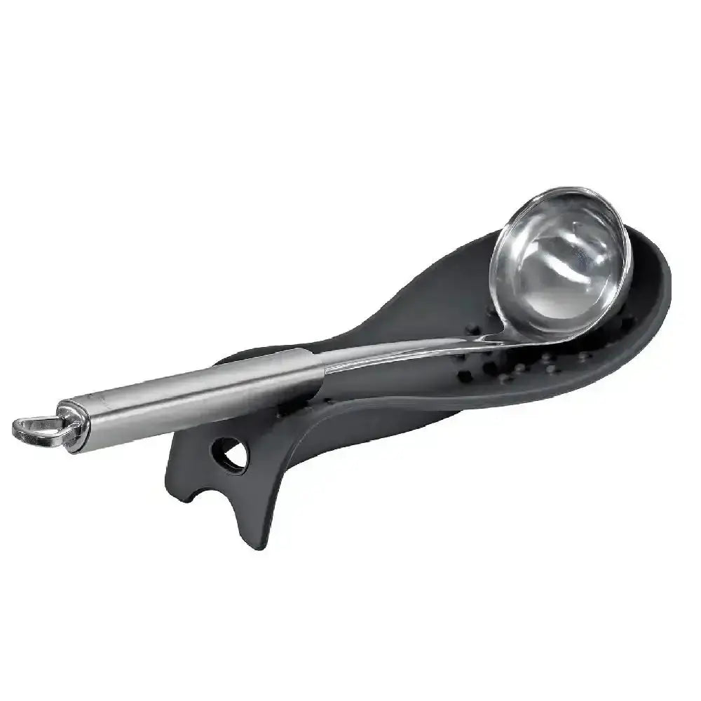 Black and silver measuring spoon set on a white background