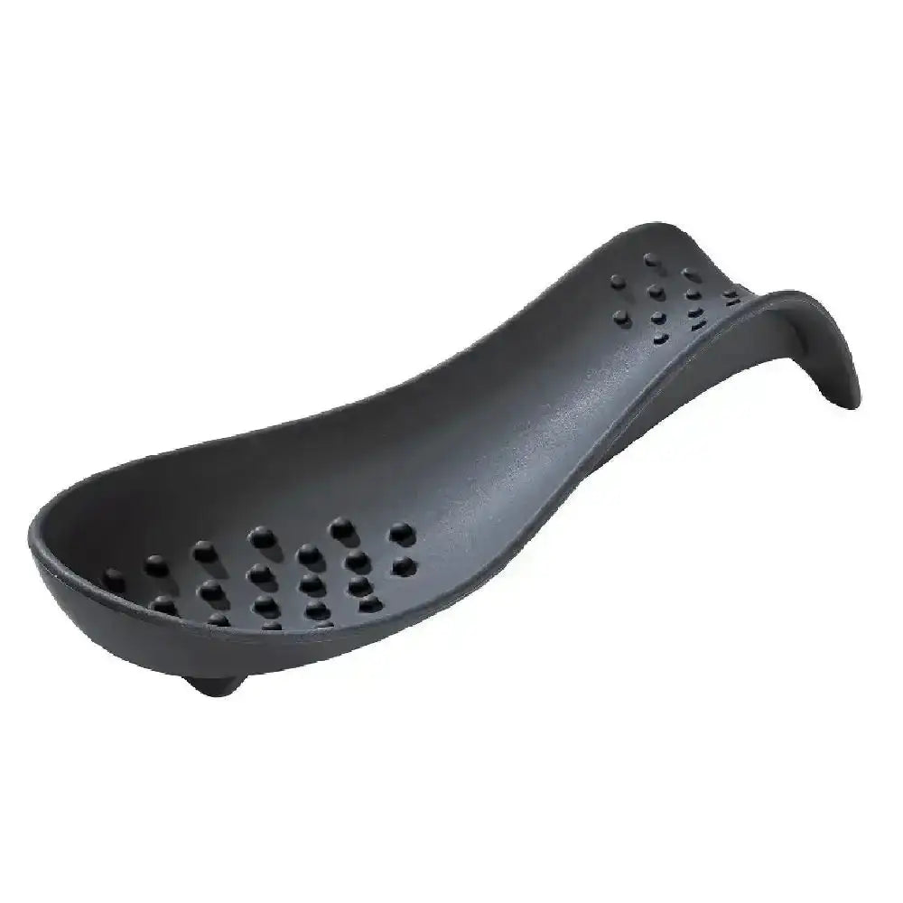 Black plastic scoop with holes on a white background