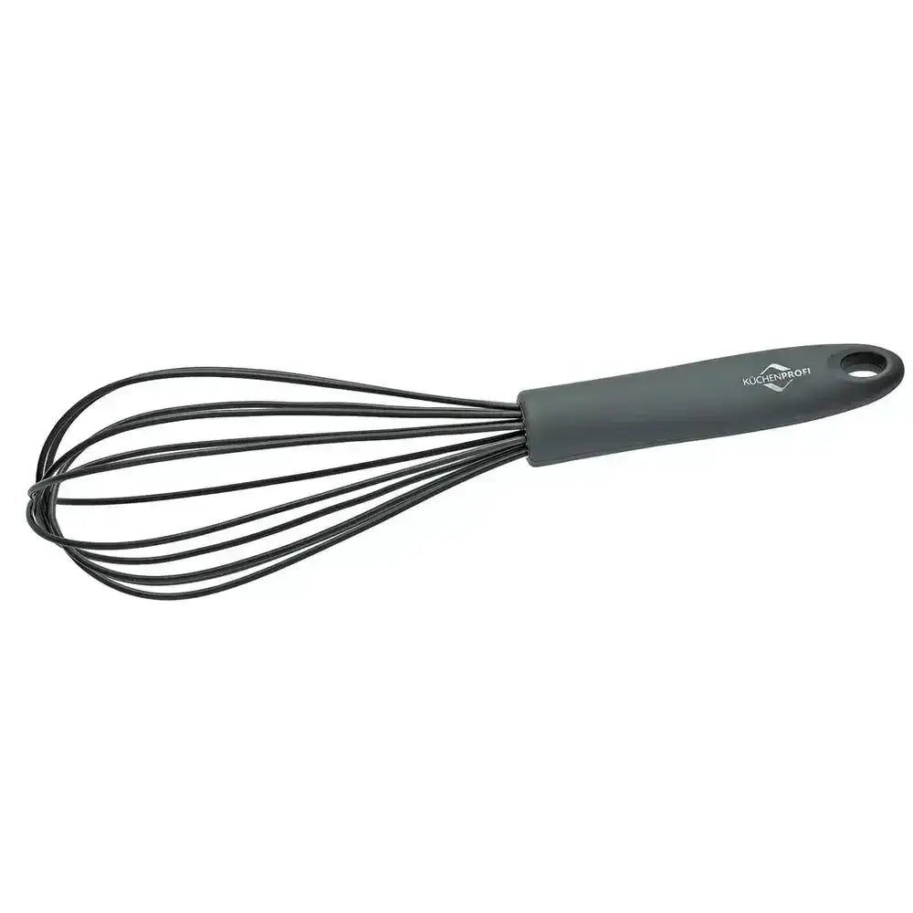 Black whisk with a gray handle on a white background