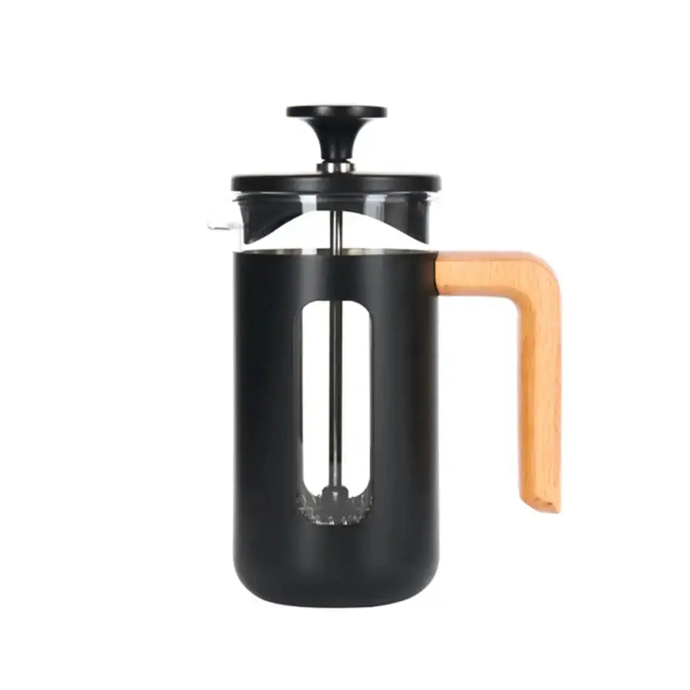 Black French press coffee maker with a wooden handle on a white background