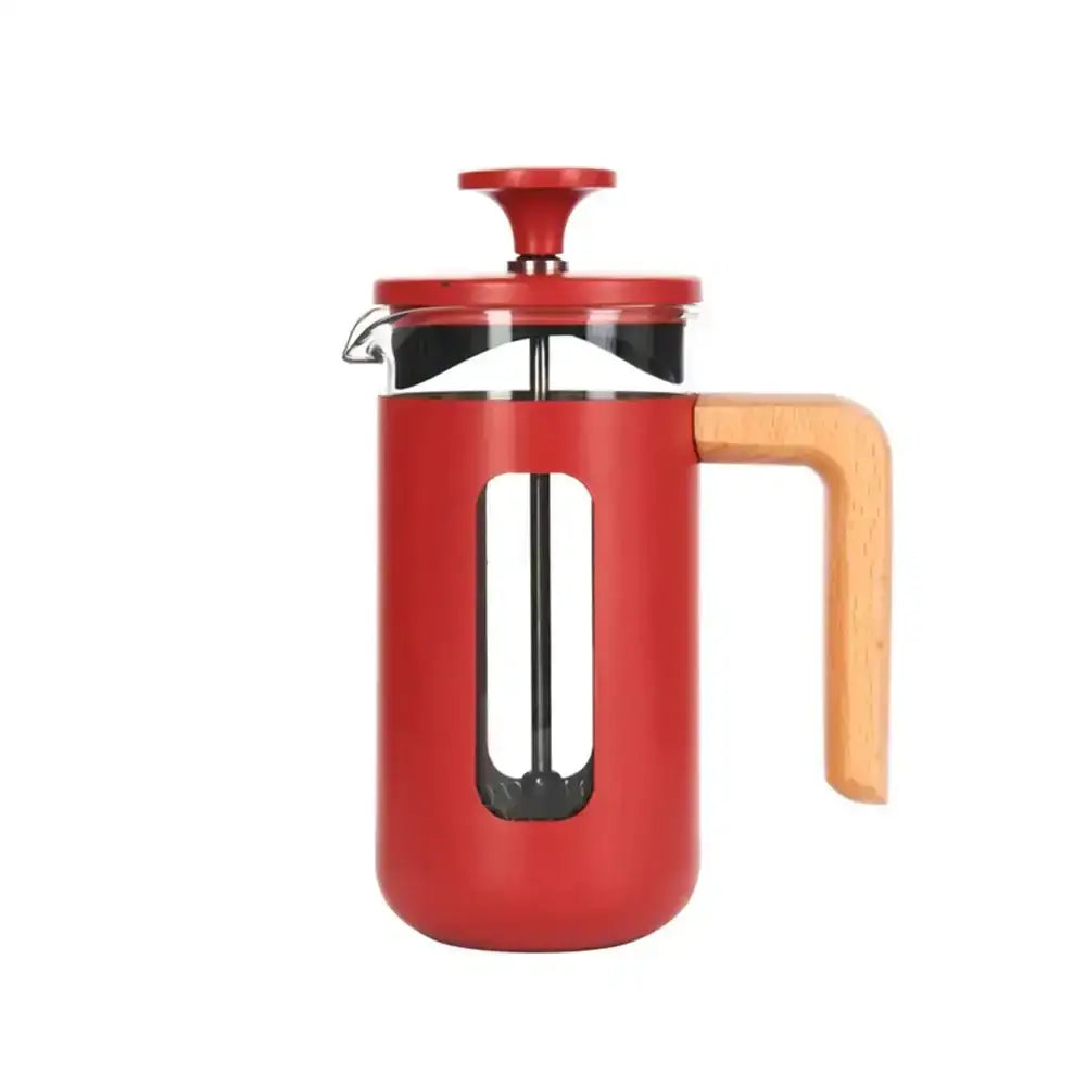 Red French press coffee maker with a wooden handle on a white background