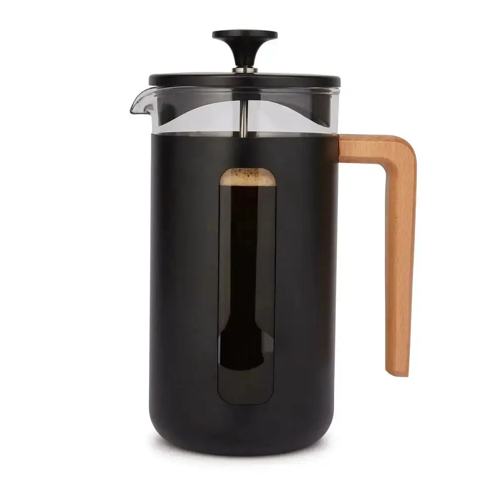 Black French press coffee maker with a wooden handle on a white background
