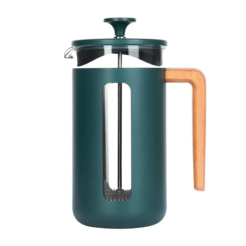 Green French press coffee maker with a wooden handle on a white background