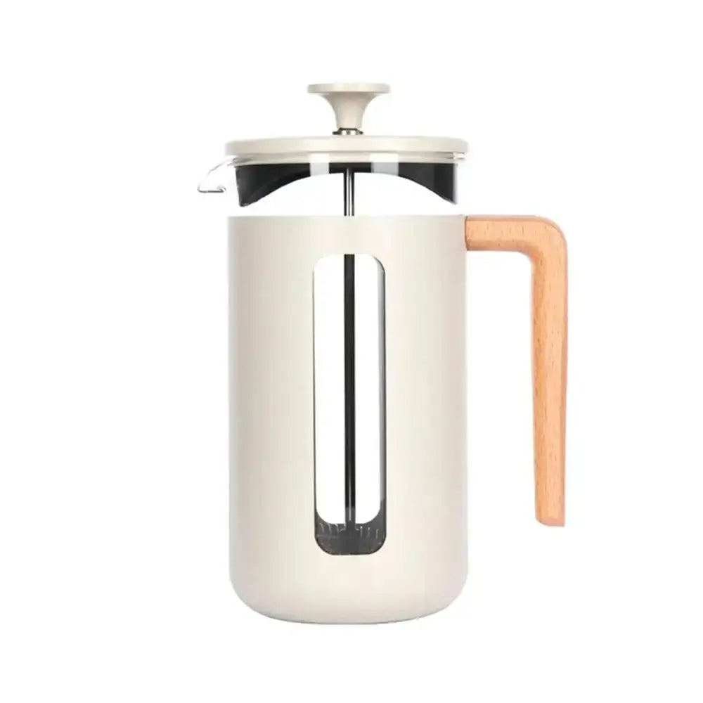 White French press coffee maker with a wooden handle on a white background